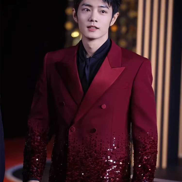 肖战明星同款酒红色重工亮片西装男士高级感轻奢舞台演出礼服套装,淘宝优惠券,粉丝福利购,淘宝优惠卷