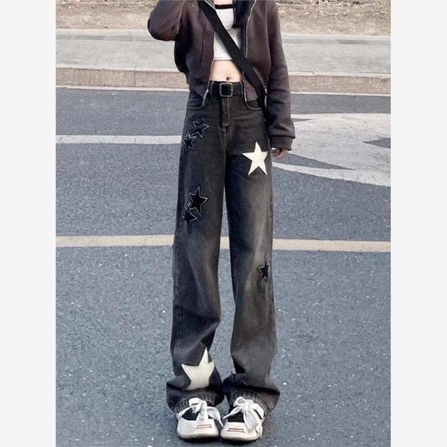 设计感星星直筒牛仔裤大尺码胖妹妹显瘦裤子粗腿屁股大美式阔腿长 - 图1
