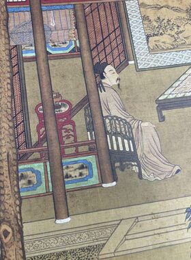 仇英昼锦堂图青绿山水画立轴高清微喷复制画临摹学习画稿绢布挂轴