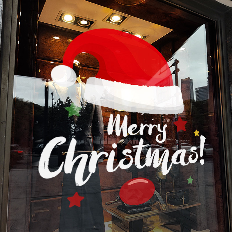耶诞装饰布置窗贴节日氛围门贴耶诞帽装扮玻璃贴店铺橱窗静电贴纸 - 图0