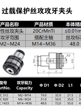 GT12攻丝夹头扭力过载保护 JIS 国标日标M34568/10筒夹丝锥夹头