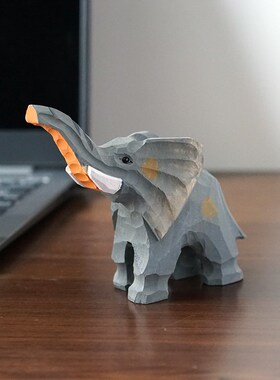 吉祥大象手工木雕小摆件可爱卡通手工雕刻公仔Q桌面装饰摆放小礼