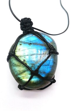 天然月光石拉长石原石吊坠项链手工编织款拉长石网兜吊坠