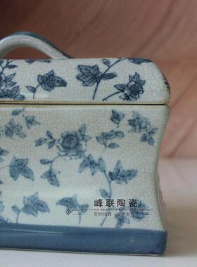复古风 裂纹青花瓷摆件 陶瓷长方盒 瓷器收纳盒 客厅书房软装摆设