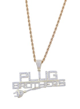 欧美男女嘻哈朋克插头字母项坠铜镶锆石14K镀金吊坠链条一件代发