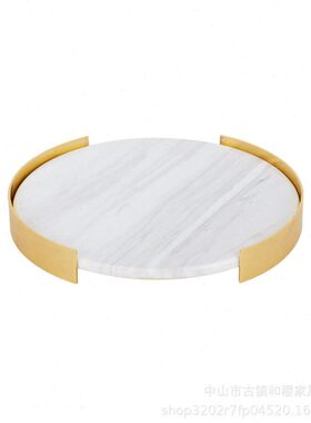 欧式轻奢爵士白大理石托盘摆件创意实用家居装饰品样板间圆形托盘