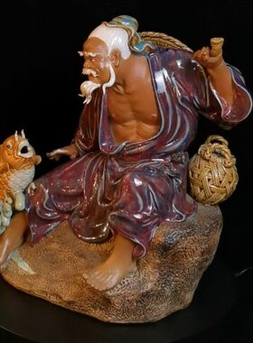 陶瓷石湾公仔创意渔翁年年有余获利商铺家居客厅装饰中式禅意摆件