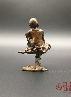 复古包浆 实心铜禅意小和尚摆件 创意铜雕坐云小沙弥茶宠铜和尚