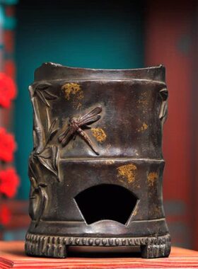 古玩收藏纯铜节节高升竹节炭炉火炉烧茶炉家居办公室茶台装饰摆件