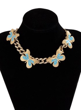 欧美跨境饰品 简约镶钻古巴链条项饰 个性气质画油蝴蝶调节项链女