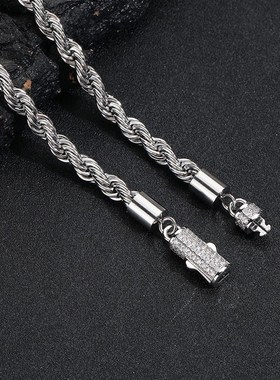 欧美镶钻扣6mm不锈钢链条麻花链男女项链跨境嘻哈饰品钛钢项链