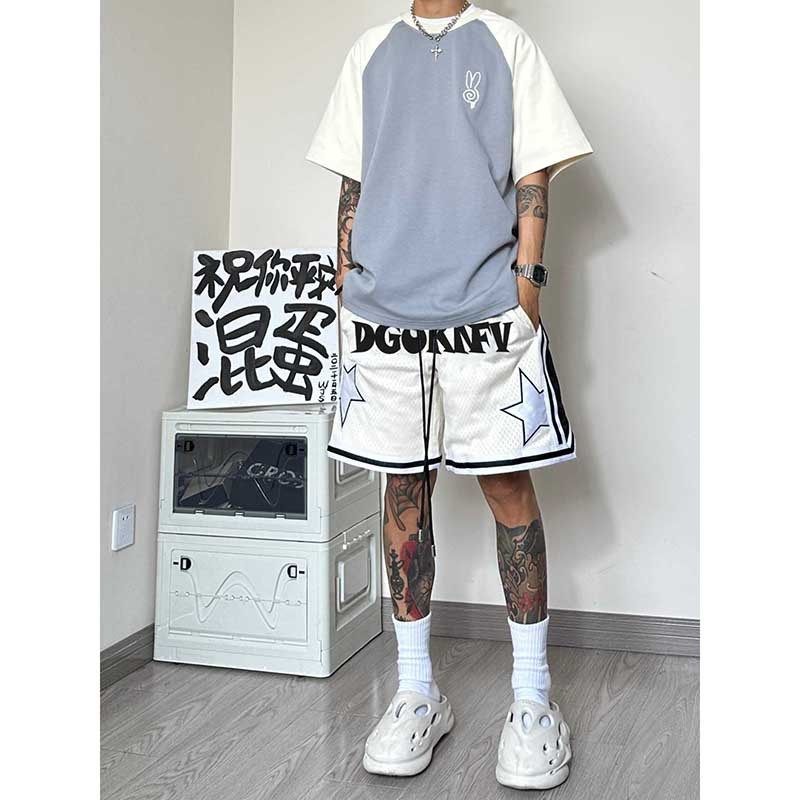 篮球美式运动短裤男夏季设计感星星印花宽松网格透气休闲五分裤潮,淘宝优惠券,粉丝福利购,淘宝优惠卷