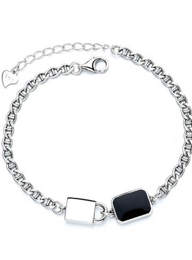 S925纯银坦克链滴胶锁头手链ins小众设计简冷淡风复古泰银手饰女