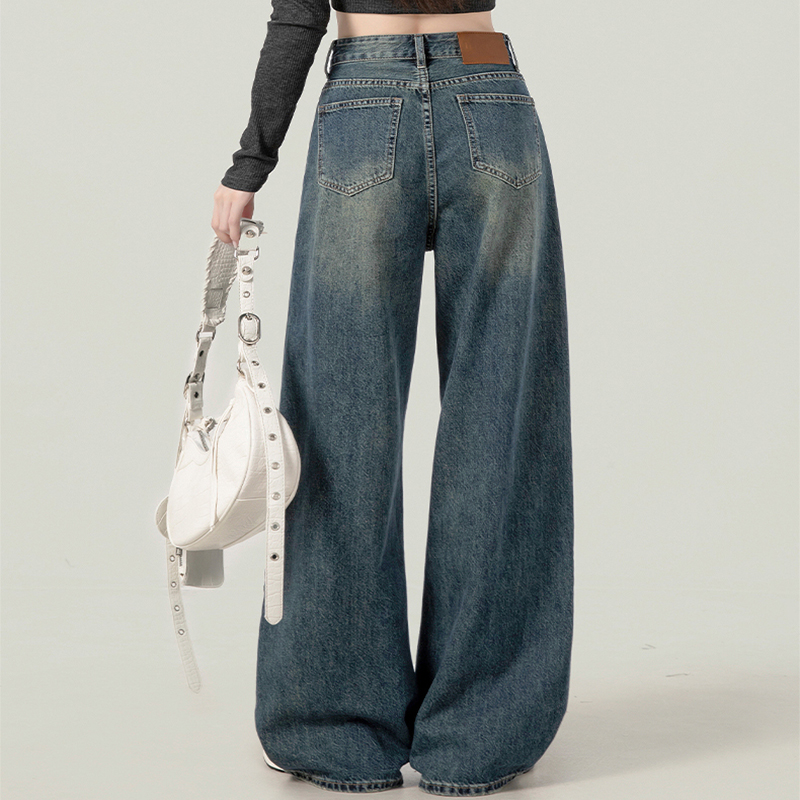 复古蓝高腰直筒做旧牛仔裤女2025新款春秋宽松垂感拖地阔腿长裤子