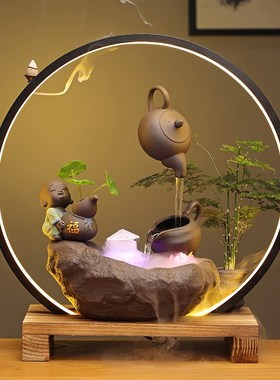 创意悬壶流水摆件灯圈倒流v香炉水循环招财客厅办公室摆设开业礼