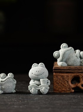 禅意可爱大眼蛙茶宠茶玩摆件创意荷叶小青L蛙鱼缸造景微景观装饰