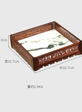 盘文承大红酸枝嵌角水果盘镂空收藏品茶托盘中式红木雕刻大理石葵