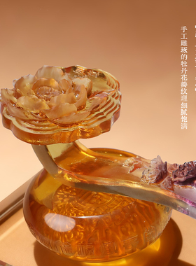 古东东事事如意牡丹花琉璃摆件