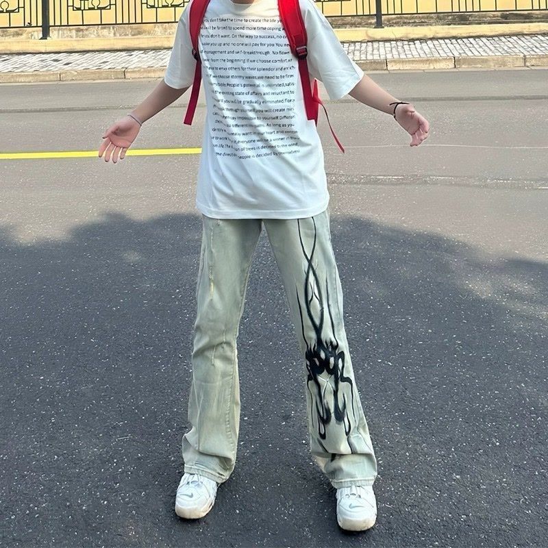 中大童美式复古秋季高街火焰残影印花牛仔裤男显瘦微喇叭长裤子男,淘宝优惠券,粉丝福利购,淘宝优惠卷