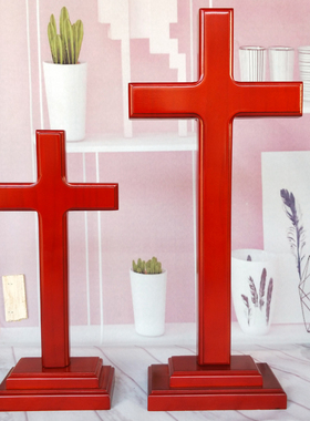 红色实木十字架小摆件 木质礼品桌面客厅家居大摆件饰品礼品