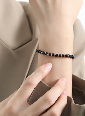 欧美跨境新款轻奢复古高级感天然黑松石手工串珠不锈钢珠手链饰品