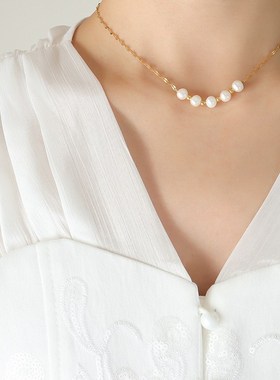欧美ins轻奢风仿珍珠钢珠坠子项链女不掉色小众百搭锁骨颈链P1181