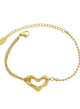 欧美ins百搭小众时尚简约手饰钛钢镀18k金桃心双层钢珠手链女饰品