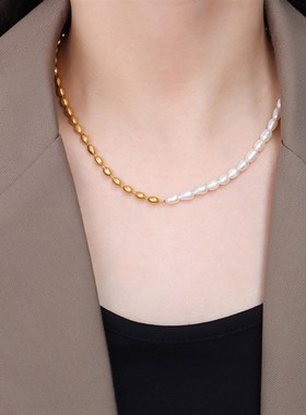 法式复古ins简约小众设计感钛钢18K金淡水珍珠拼接钢珠项链饰品
