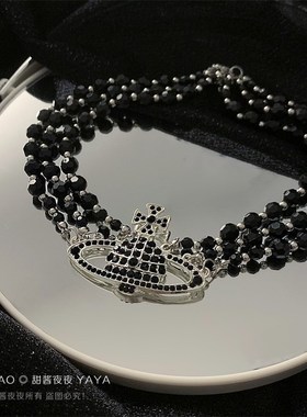 甜酱夜夜a 满钻三层黑玛瑙土星项炼女新款覆古暗黑个性短款锁骨炼