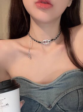 2026新款CD字母项链皮绳锁骨链轻奢吊坠甜酷风首饰choker高级配饰