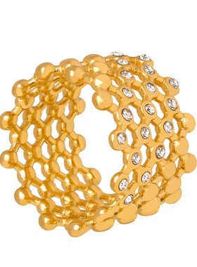 法式复古热销网格编织镂空镶捷克钻轻奢小众钛钢镀18K真金女指环