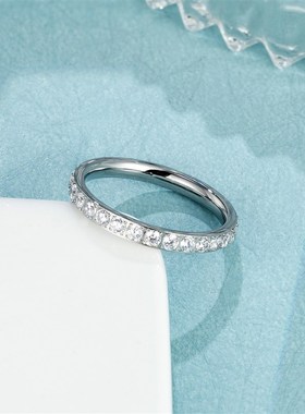 超闪满钻锆石素圈戒指电镀18K叠带小众指环女钛钢高保色配饰