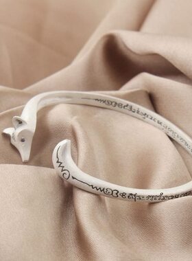 s925纯银小狐狸手镯女韩版简约学生百搭复古开口手环男送女友闺蜜