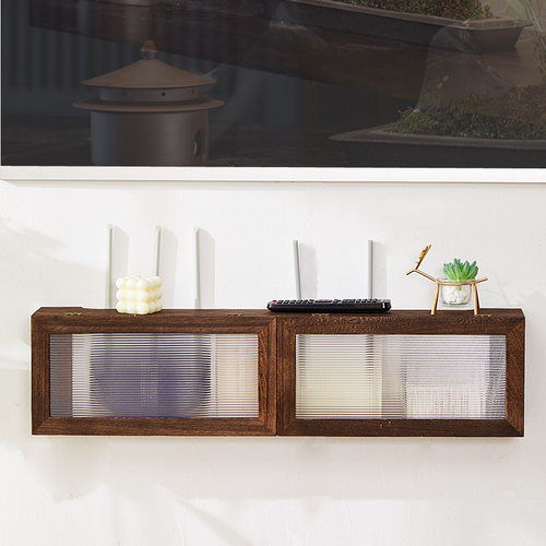 实木壁挂式无线路由器收纳盒箱wifi猫机顶盒插座插线板电源置物架 - 图0