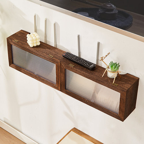 实木壁挂式无线路由器收纳盒箱wifi猫机顶盒插座插线板电源置物架 - 图3