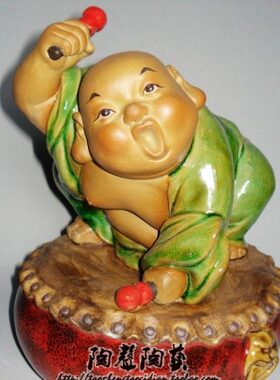 欢欣鼓舞入伙家居创意中式人物摆件工艺石湾陶瓷公仔客厅博古架