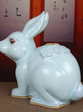 禹州神后钧瓷花瓶家居卧室生肖白兔陶瓷器动物装饰品摆件招财兔子