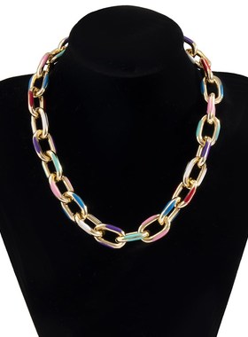 欧美跨境饰品 创意画油彩色十字链条项链女 简约几何磨链项饰