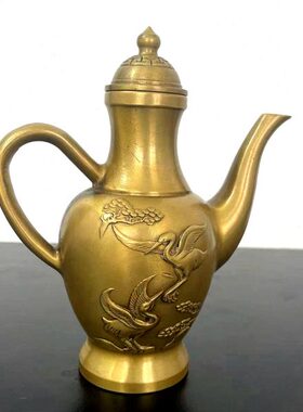 铜器仙鹤壶摆件黄铜做旧铜水壶铜酒壶居家装饰工艺品摆设不漏水