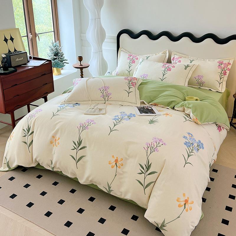 2024 new thickened brushed bedding four-piece set pure cotton spring and summer floral quilt cover bed sheet three-piece set