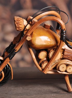 泰国藤编摩托车摆件实木哈雷机车东南亚手工艺品家居客厅桌面摆设