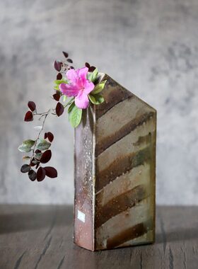 手工制作柴烧中号花瓶客厅花道茶道摆件陶瓷家居插花长方形花器