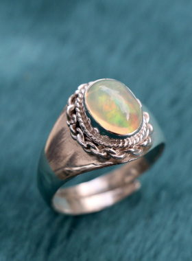 尼泊尔手工饰品银欧珀欧泊石戒指A开口简约复古创意个性藏式民族