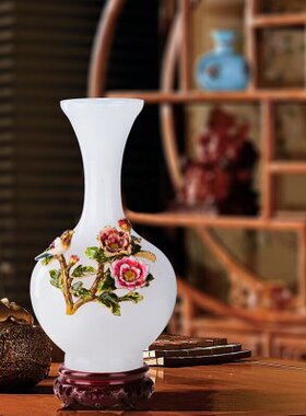花开富贵高端家居琉璃玉赏瓶珐琅彩工艺摆件新中式家装饰品