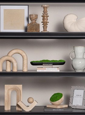侘寂风样板间书房书架软装搭配y售楼处客厅柜高级感家居装饰品摆