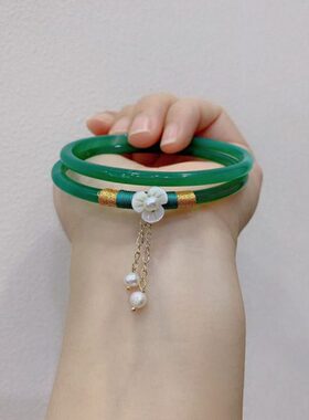 网红款叮当镯绿玉髓手镯细镯古风宫铃汉服日常搭配一步一响4mm