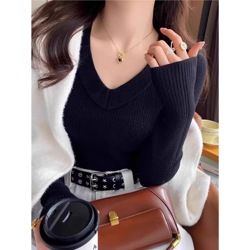 白色加绒加厚V领打底衫女2025秋冬季新款毛衣内搭高级感针织上衣,淘宝优惠券,粉丝福利购,淘宝优惠卷