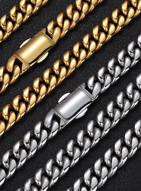 厂家直销欧美嘻哈不锈钢项链电镀18K金弹簧扣12mm光面加密古巴链