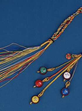 西藏唐卡五路财神车挂热贡手工编织黄财神佛眼指尖保平安