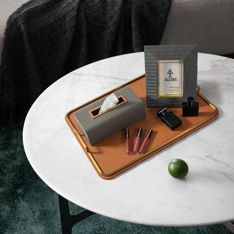 艺贝子现代轻奢橙色皮质长方形衣帽间收纳皮革托盘售楼处软装饰品,淘宝优惠券,粉丝福利购,淘宝优惠卷